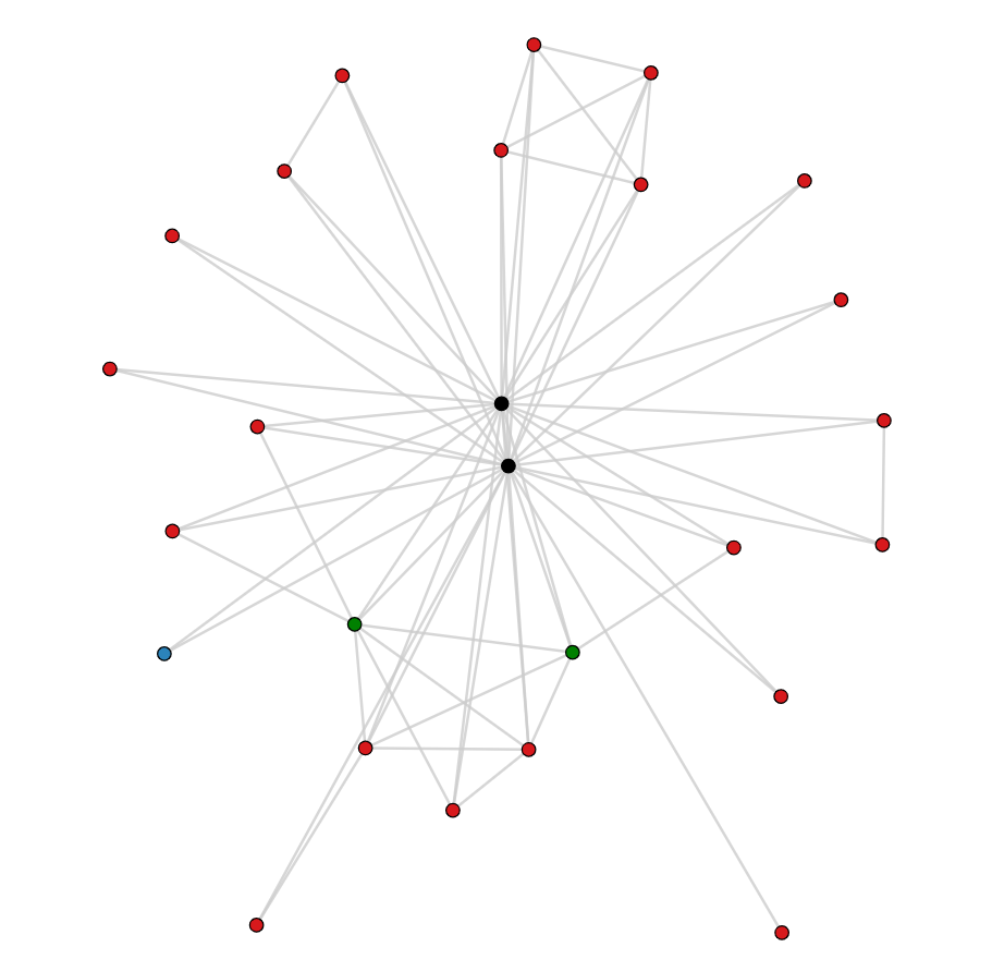 9. Communication network in Bokeh. Black nodes represent Mateusz and Bryan. Green nodes other members of the core team. The blue node represents one of the authors of this essay.