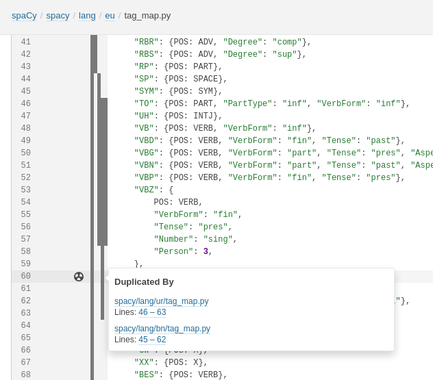 Screenshot of SonarQube showing details for duplicated lines